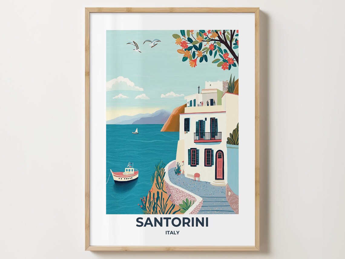 Santorini Cliffside Village White Houses Blue Aegean Sea Poster