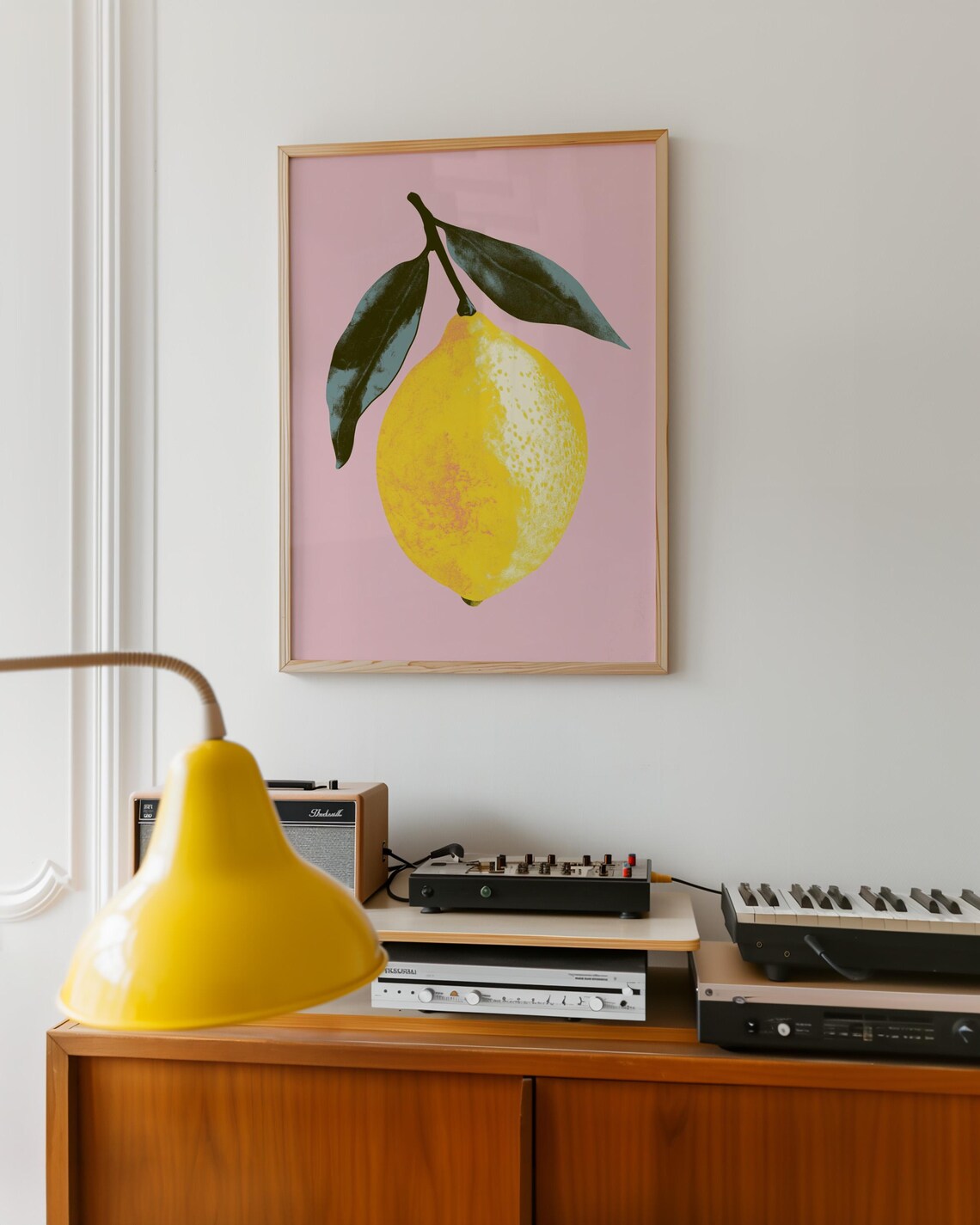 Pop Art Yellow Lemon With Leaves on Pink Background Wall Art - Image 5