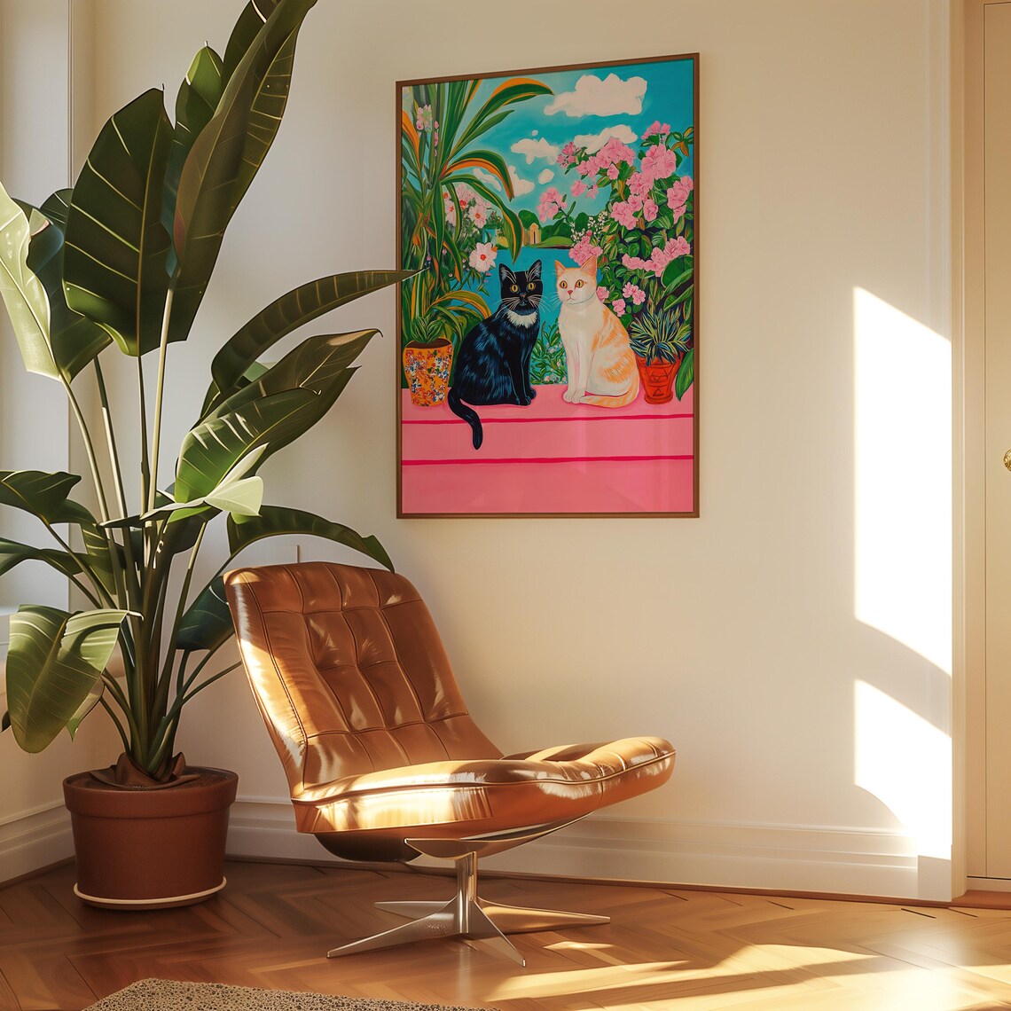 Two Cats Sitting Among Tropical Flowers Overlooking The Sea Poster - Image 3