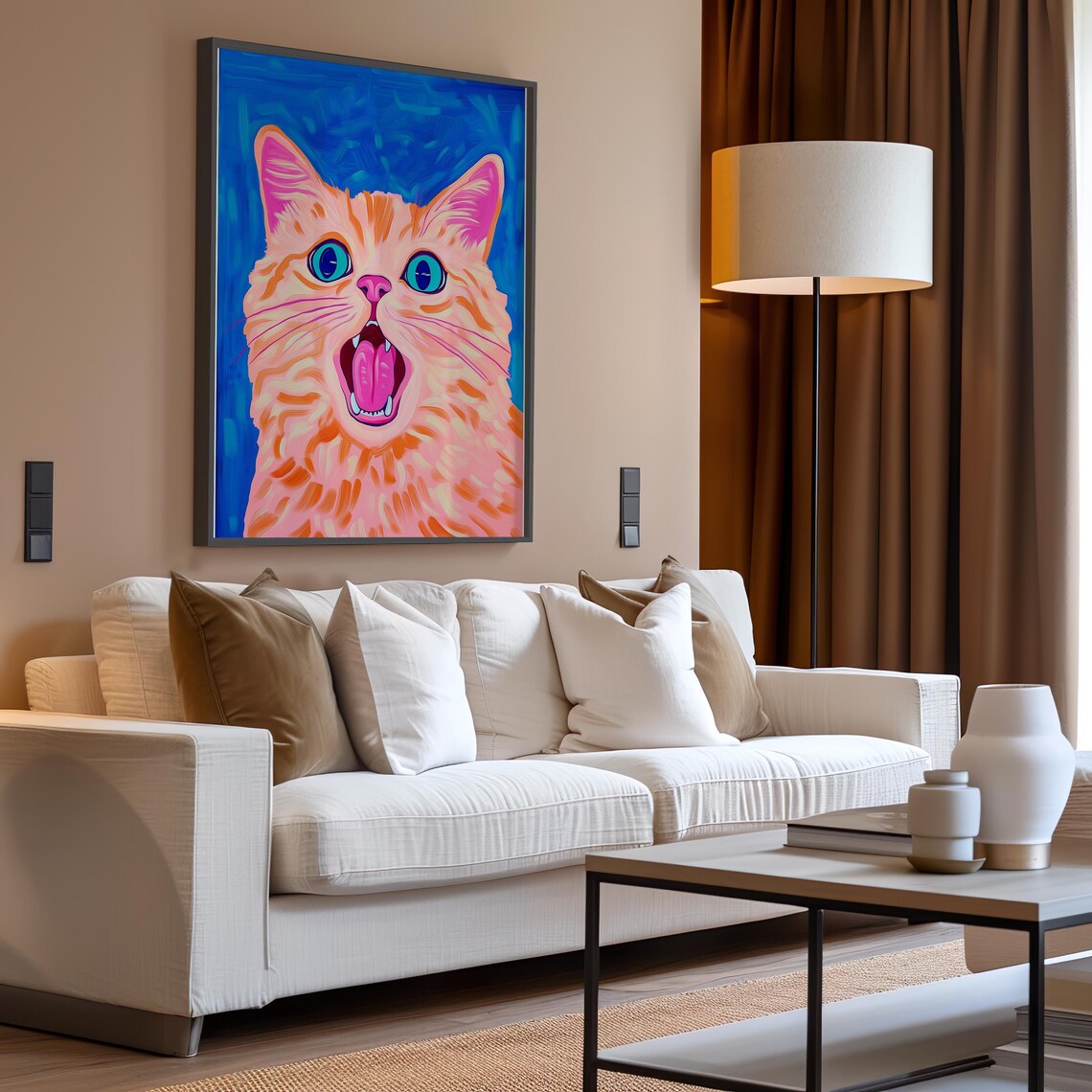 Goofy Orange Cat With Tongue Out On A Cobalt Blue Art Poster - Image 2