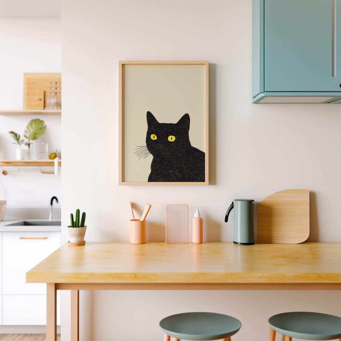 Black Cat Face With Bright Yellow Eyes Minimal Cream Art Poster - Image 3