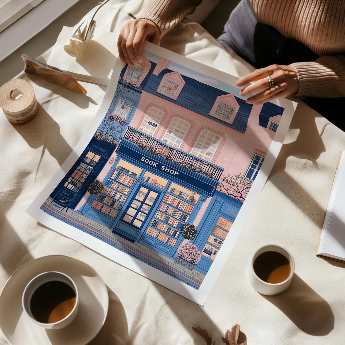 Navy Book Shop Storefront With Parisian Pink Building Above Poster - Image 6