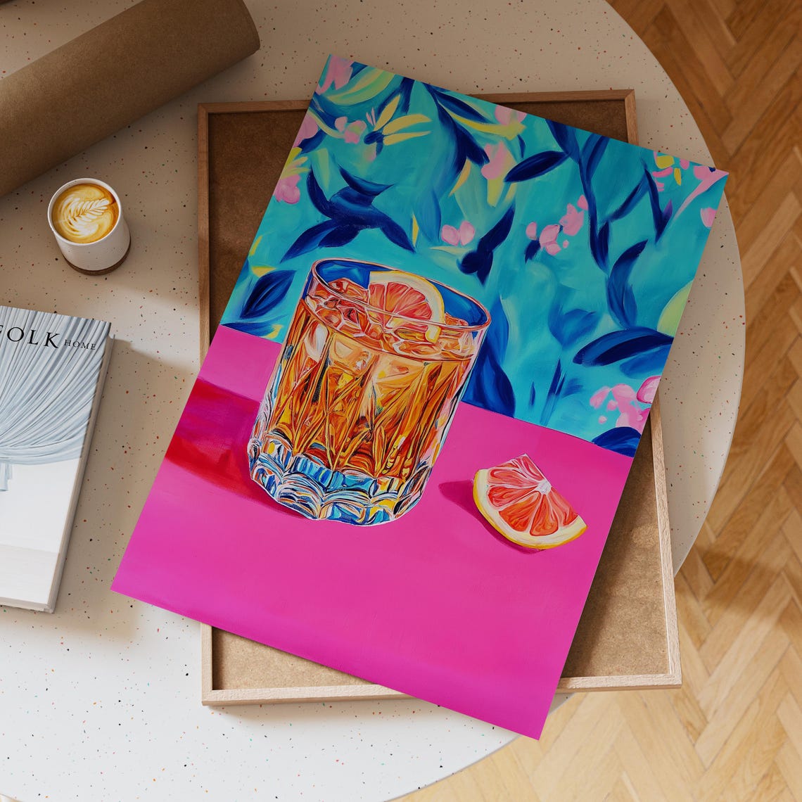Negroni Cocktail In Crystal Glass With Grapefruit On Pink Art Poster - Image 5