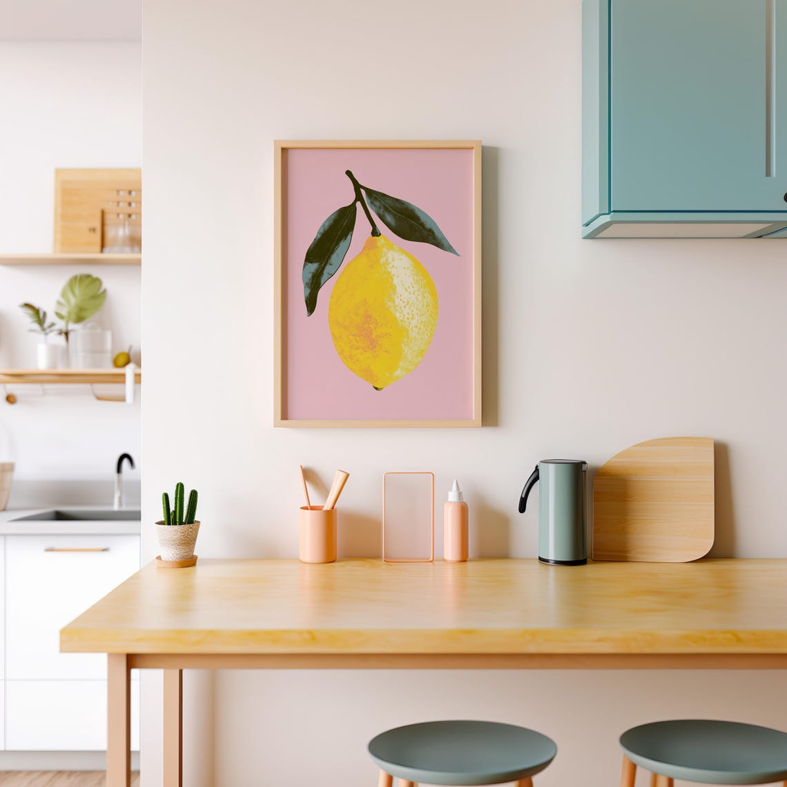 Pop Art Yellow Lemon With Leaves on Pink Background Wall Art - Image 4