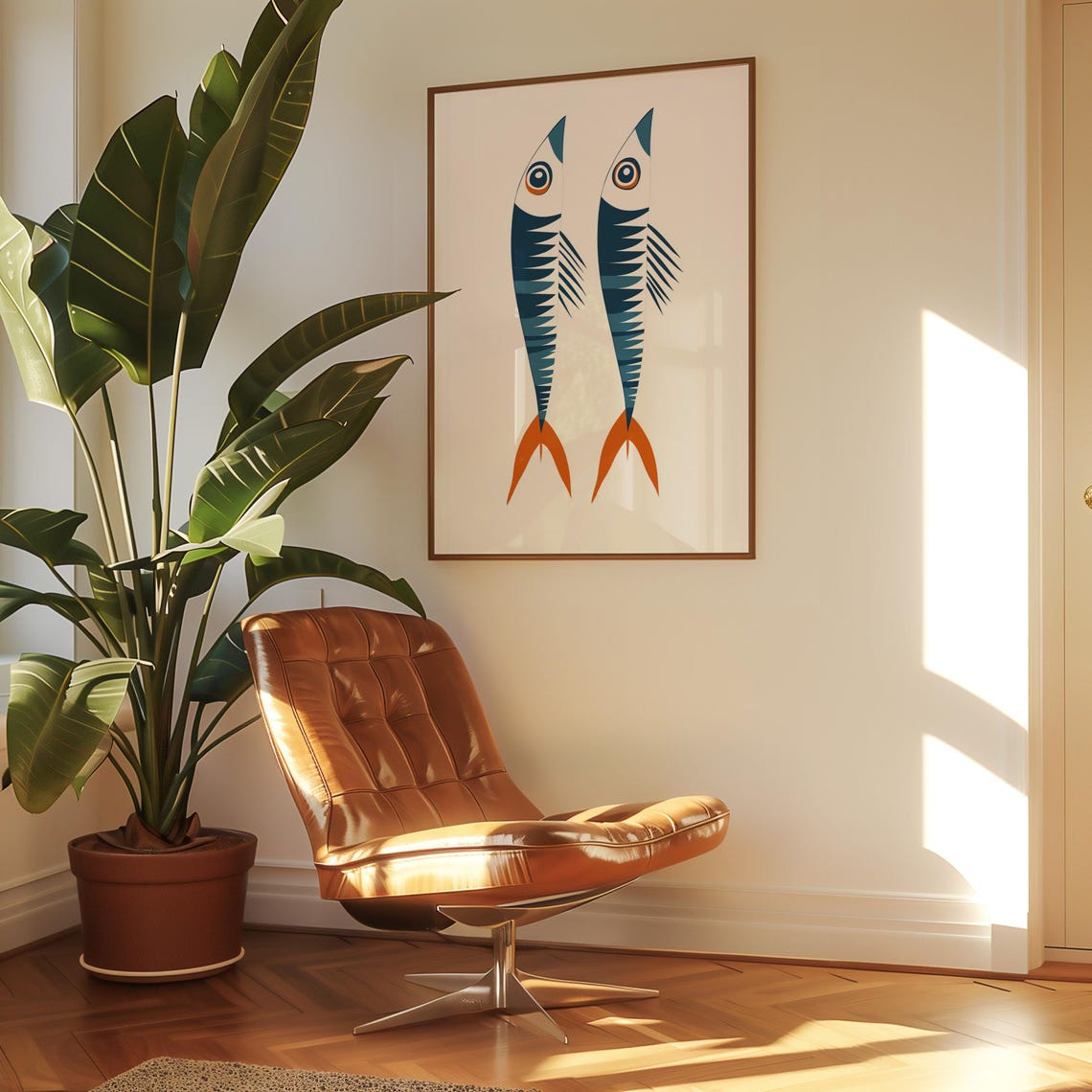 Two Geometric Sardines In Navy And Orange On White Art Poster - Image 2