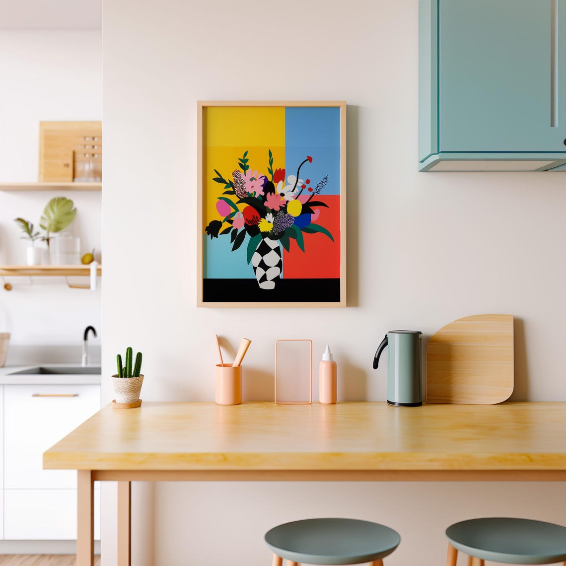 Bold Color Block Flower Bouquet in a Checkered Vase Wall Art - Image 4