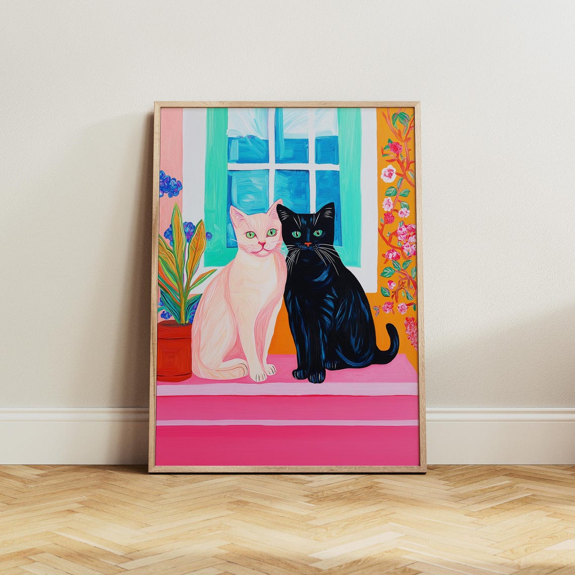 Black and White Cat Pair by a Pink Windowsill Painting Poster - Image 3