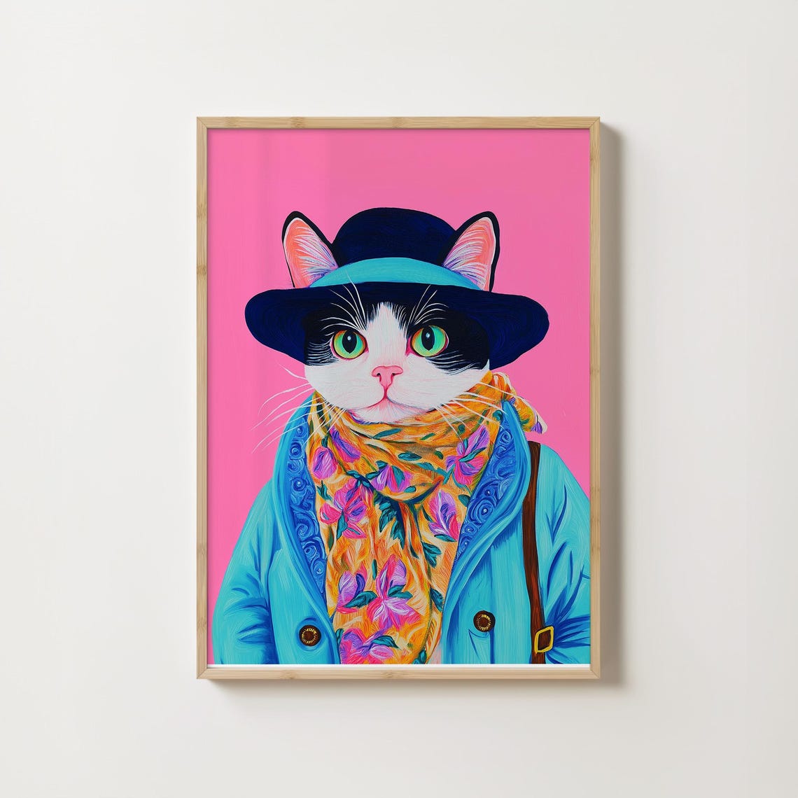 Dapper Cat Portrait In Hat Coat And Floral Scarf On Pink Poster - Image 6