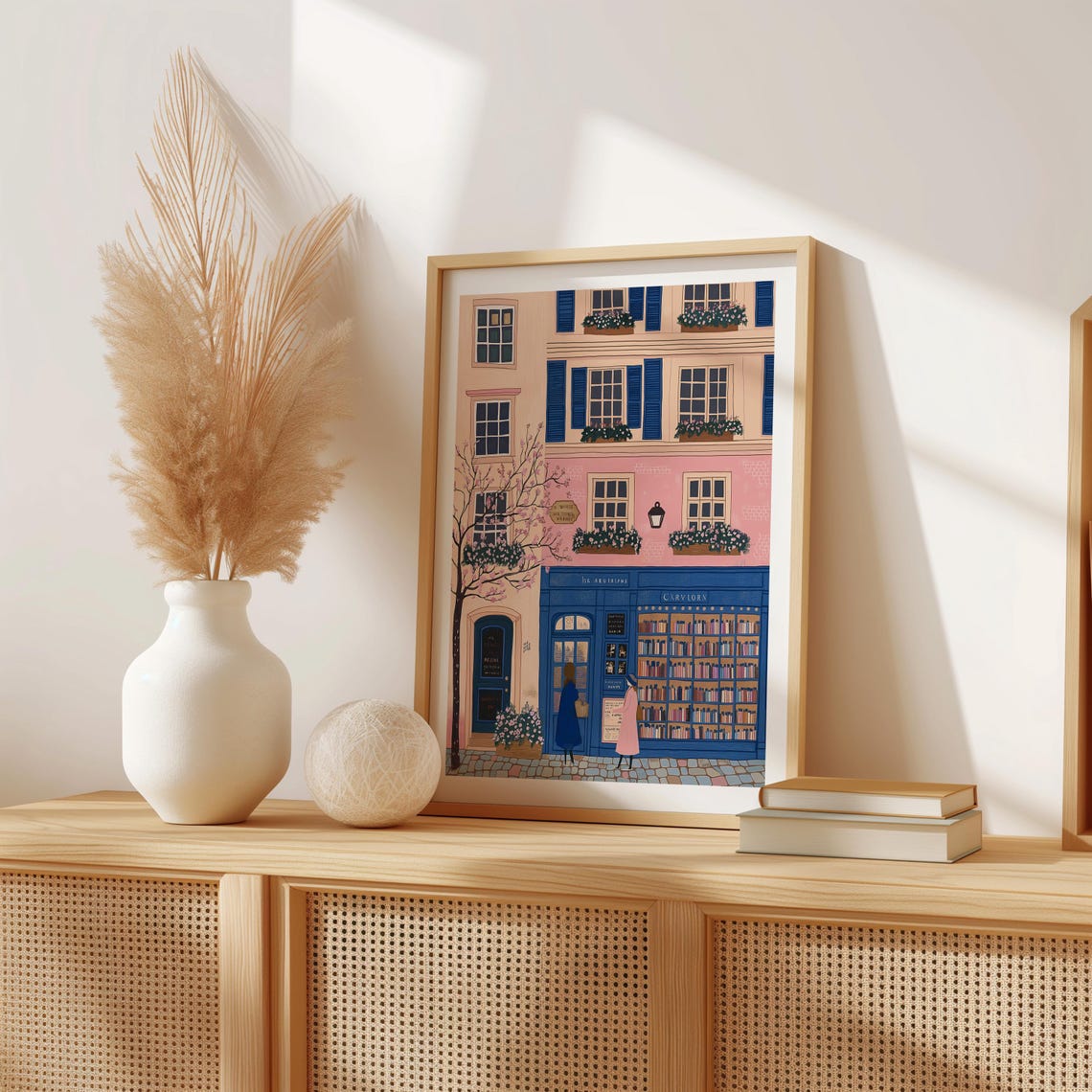 Pink Parisian Bookshop Storefront With Blue Facade Illust Art Poster - Image 2