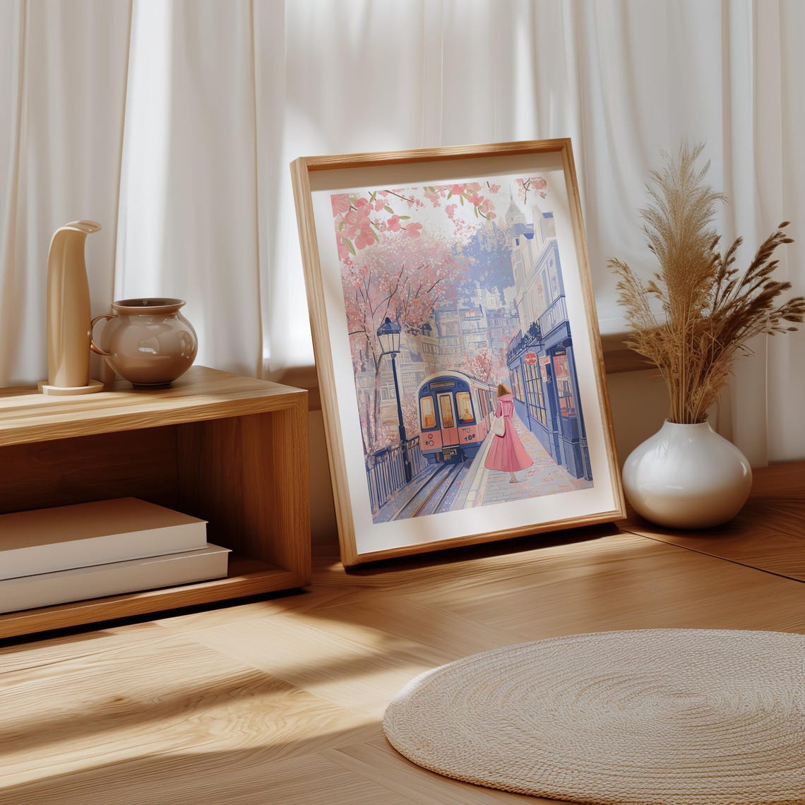 London Train Passing Cherry Blossoms in Spring Travel Poster - Image 4