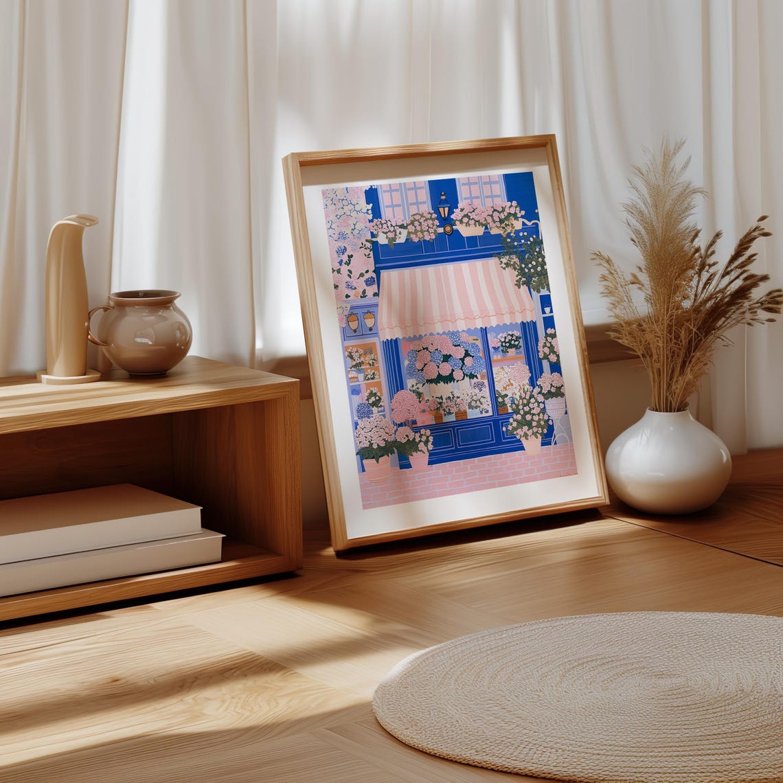 Cobalt Blue Flower Shop With Hydrangeas and Striped Awning Print - Image 4