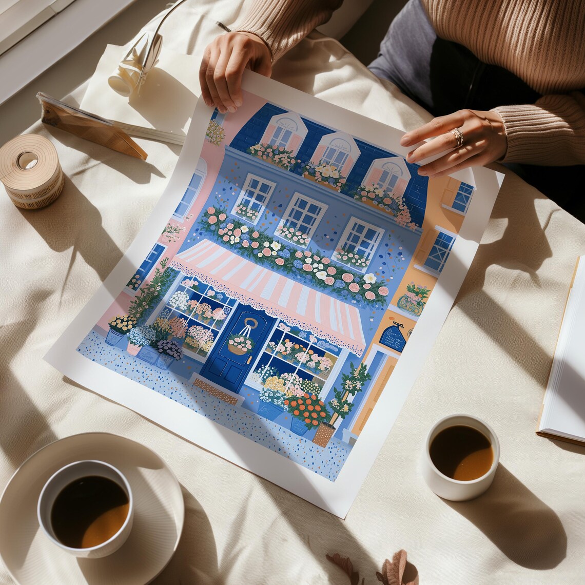 Blue Parisian Flower Shop With Dormer Windows and Roses Print - Image 2