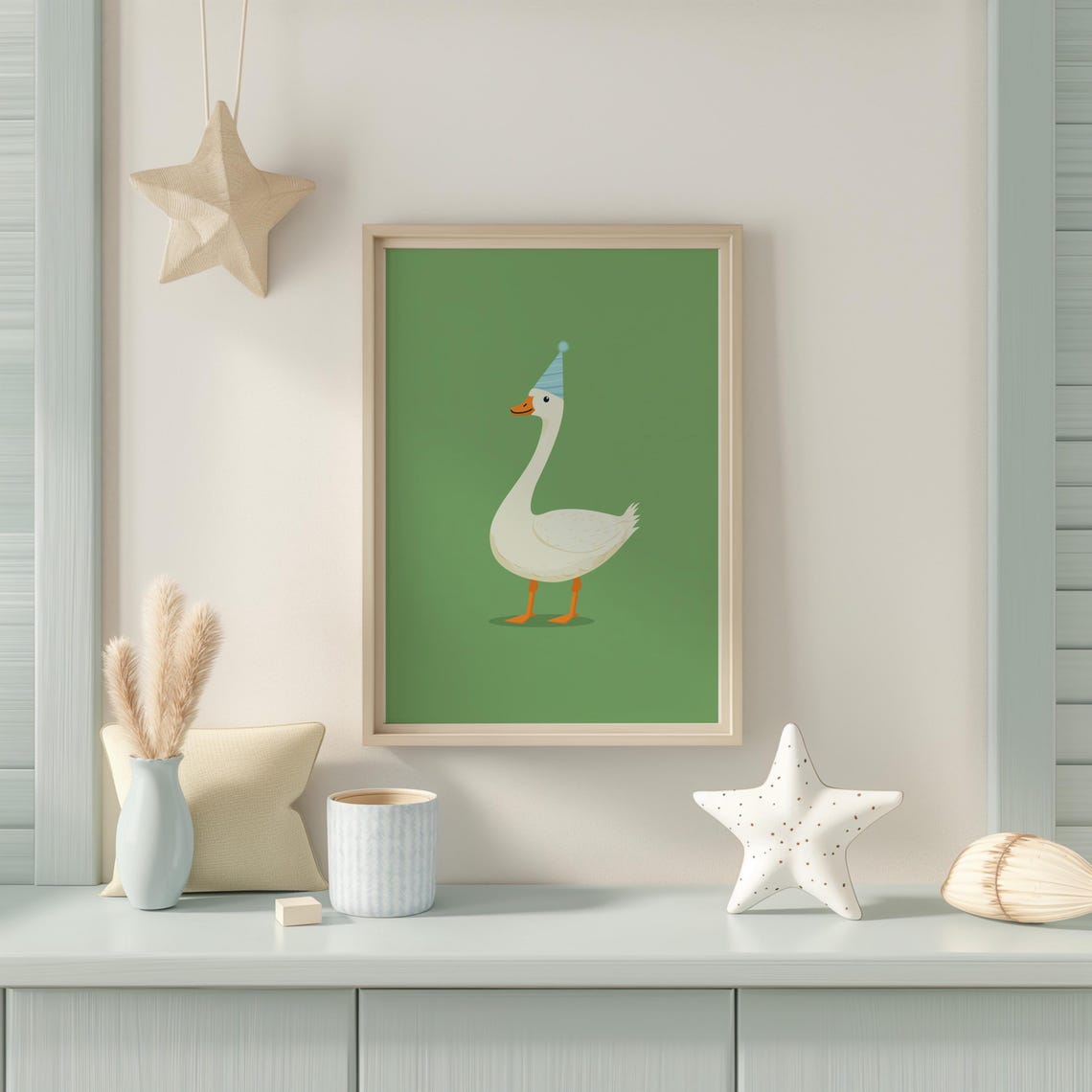 White Goose In A Party Hat Standing On Green Background Poster - Image 3