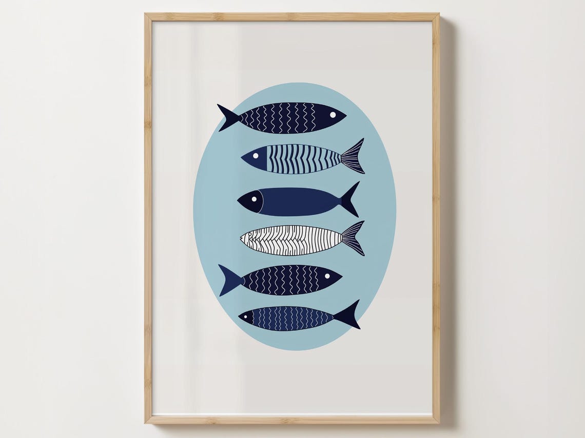 Six Navy Patterned Fish Arranged In A Blue Oval On White Poster