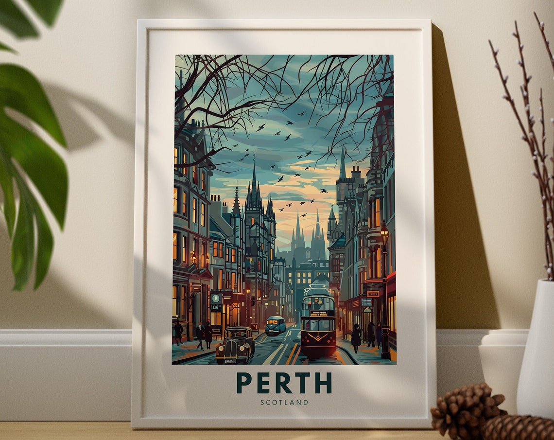 Perth Scotland Evening Street Gothic Spires Vintage Tram Poster