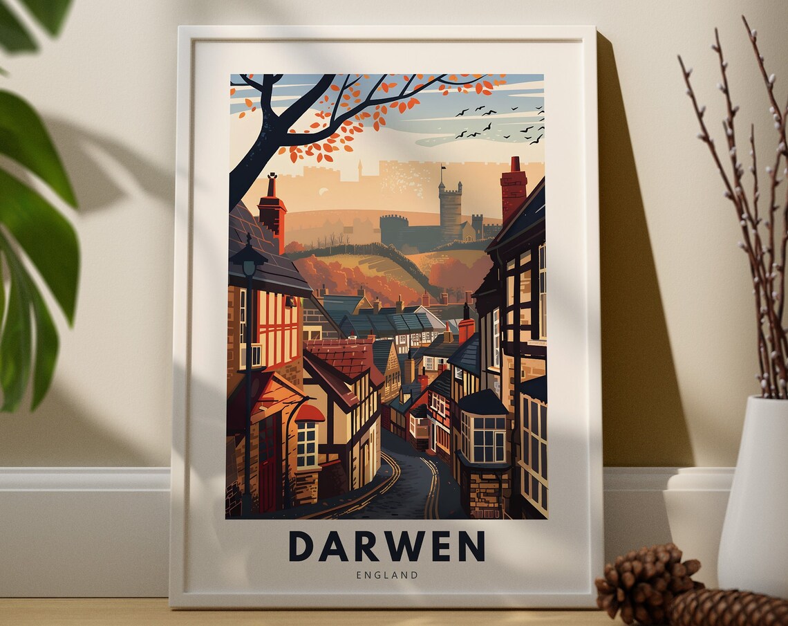 Darwen England Autumn Village Street Castle Hill Sunset Travel Poster
