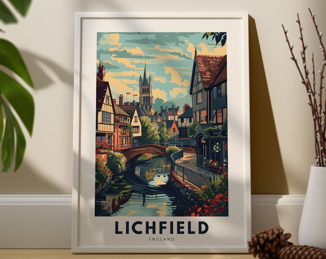 Lichfield England Cathedral Canal Historic Town Travel Poster Art