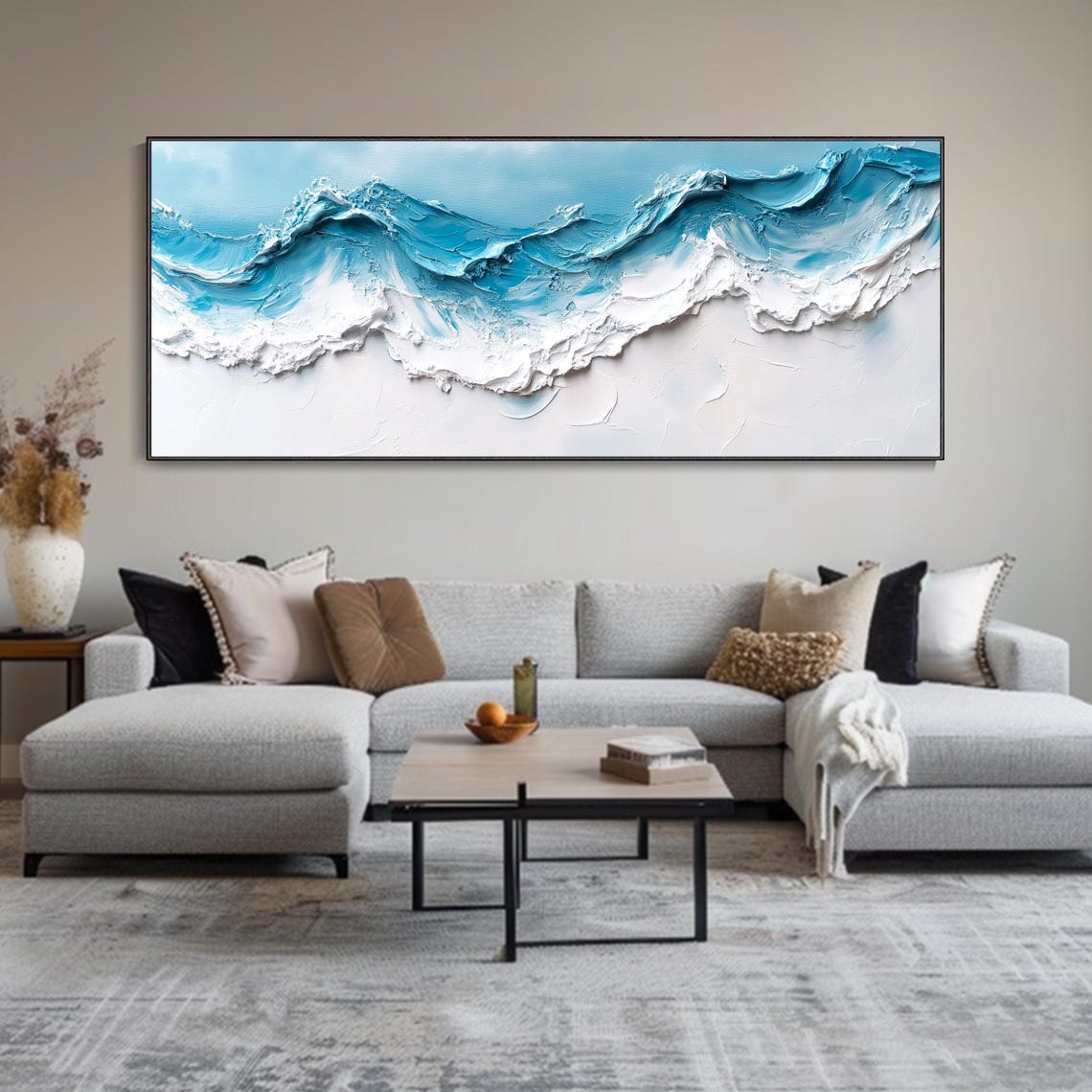 White Turquoise Ocean Waves 3D Textured Abstract Oil Painting Wall Art - Image 4