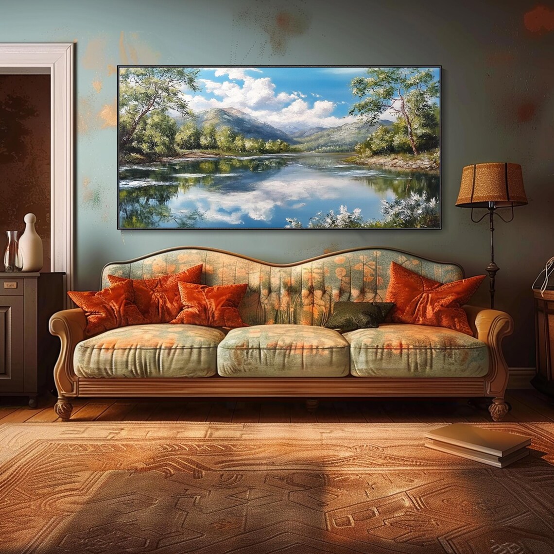Mirror Lake Blue Sky Clouds Mountain Reflection Oil Painting Wall Art - Image 4