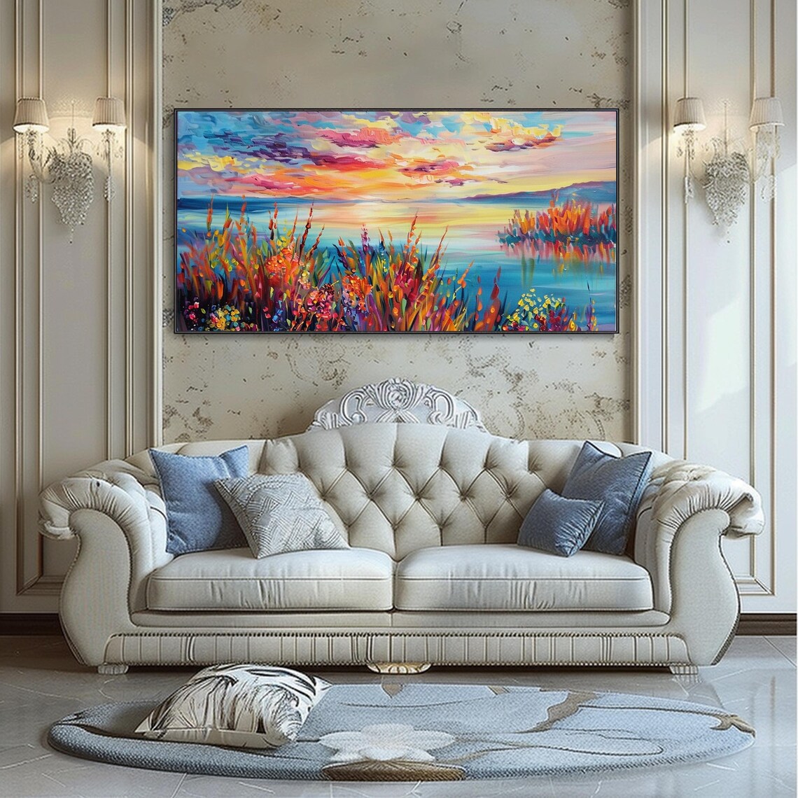 Sunrise Lake Wildflowers Oil Painting Colorful Morning Sky Impasto Wall Poster - Image 4