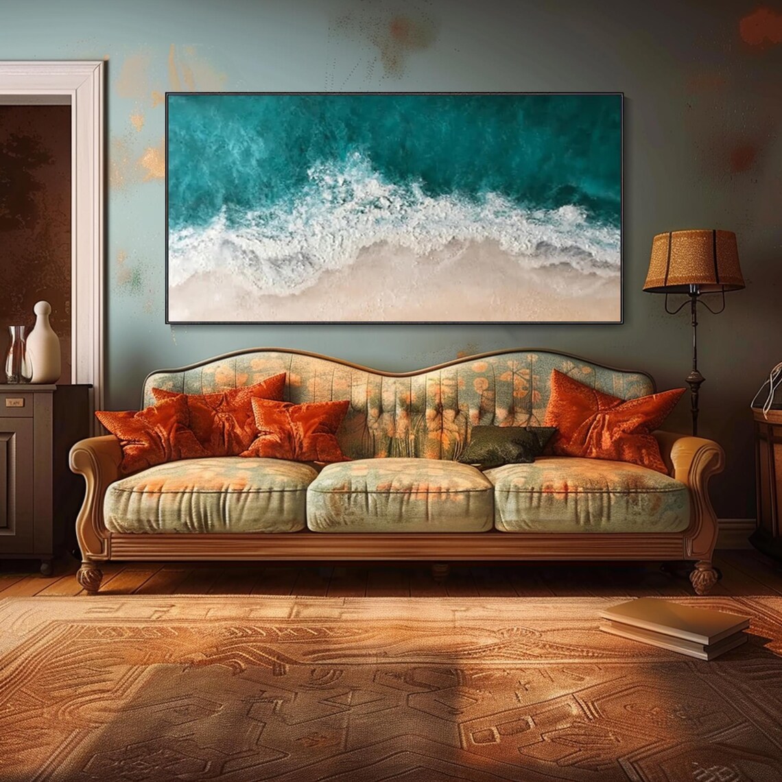 Turquoise Ocean Waves White Sand Aerial Beach Textured Oil Painting Print - Image 5
