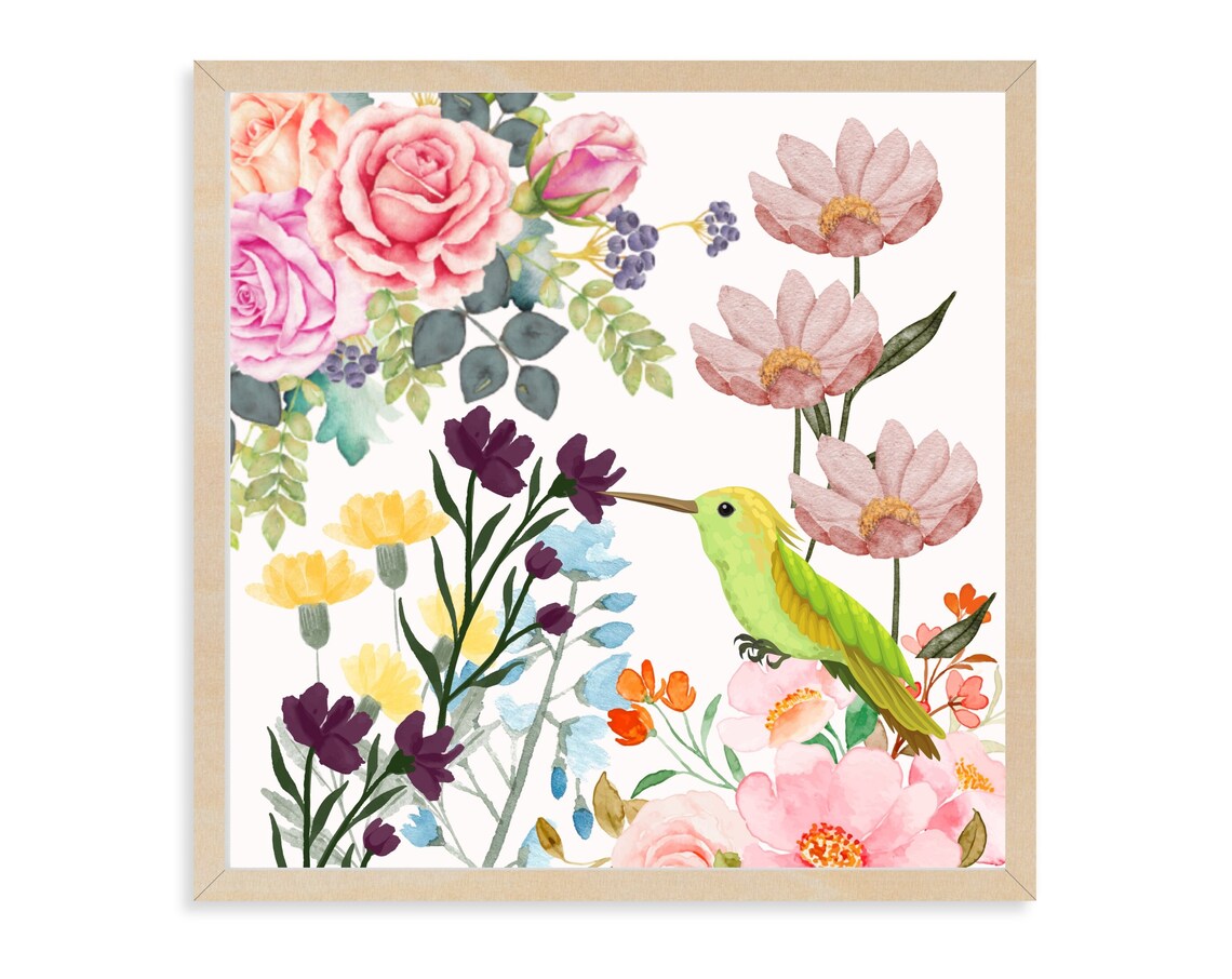 Green Hummingbird Rose Cosmos Floral Watercolor Bird Garden Art Poster