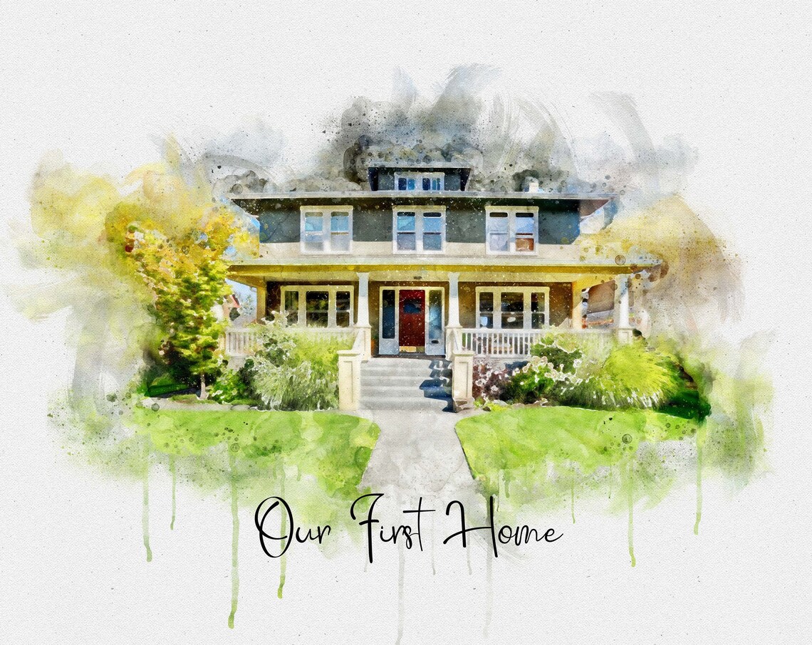 Grey Colonial House With Porch Our First Home Watercolour Poster