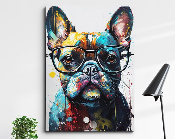 French Bulldog With Glasses Dog Pet Abstract Modern Painting Wall Art Framed Canvas Poster Print Home Kitchen Office Room Decor Gifts