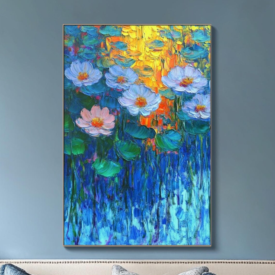 Water Lilies Pond Sunset Impressionist Floral Oil Painting Wall Art - Image 4