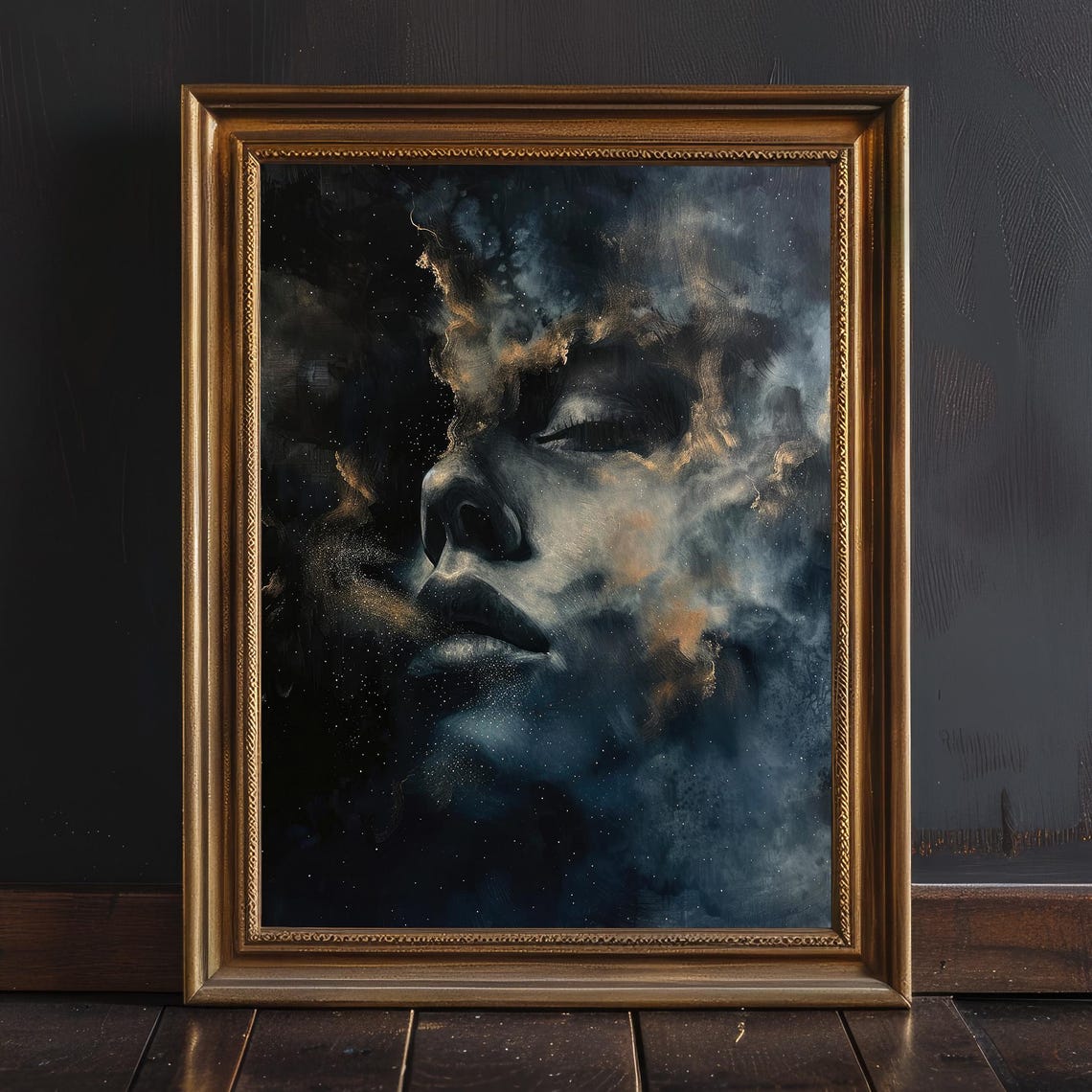 Celestial Woman Starry Nebula Blue Gold Dark Academia Wall Art