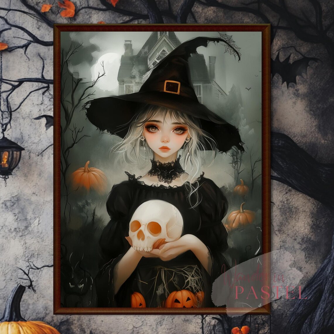 Cute Halloween Witch Girl Holding Skull Haunted House Anime Poster