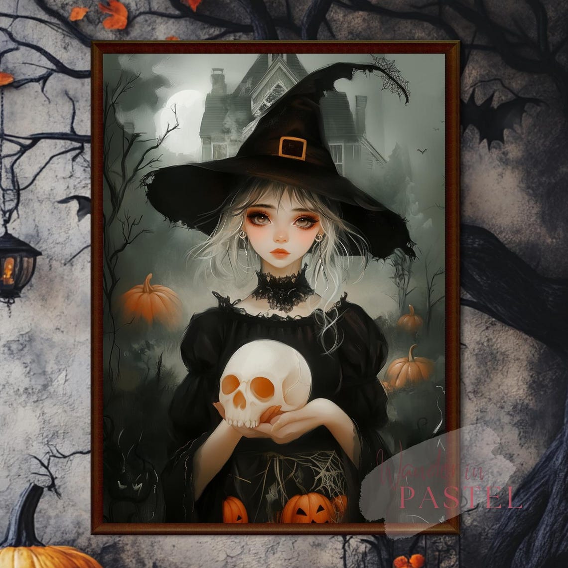 Mysterious Halloween Witch Holding A Skull Decor Black Orange Oil Painting Style Print