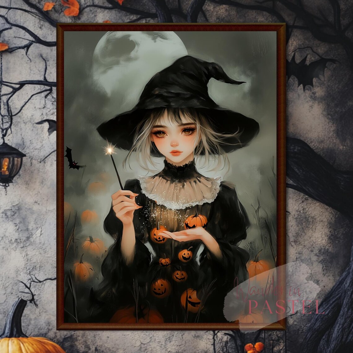 Cute Halloween Witch Girl Magic Wand Pumpkins Anime Style Poster