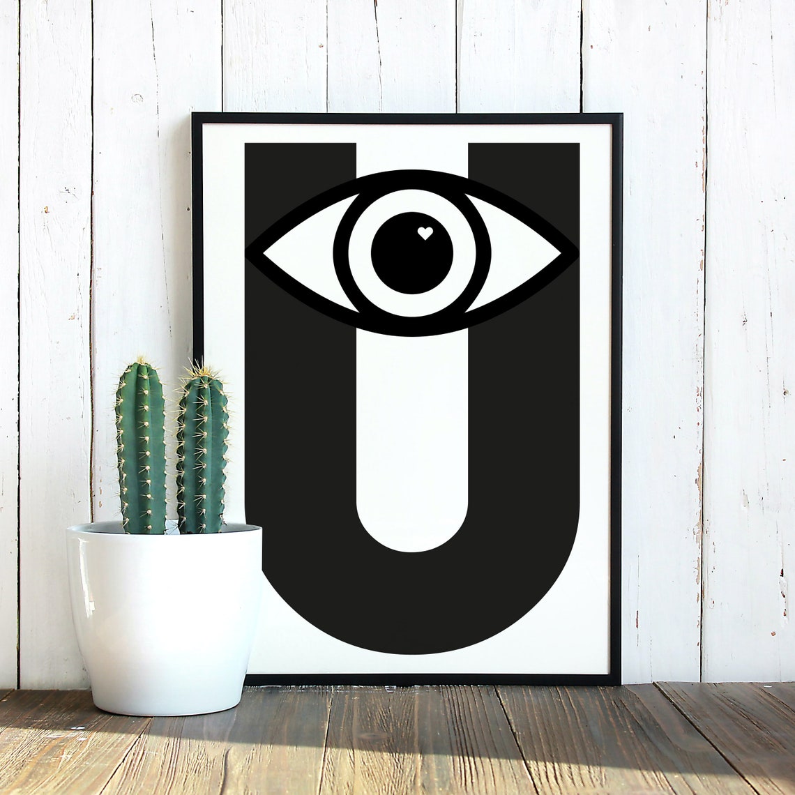 Letter U Bold Eye Graphic Black and White Minimalist Monogram Poster