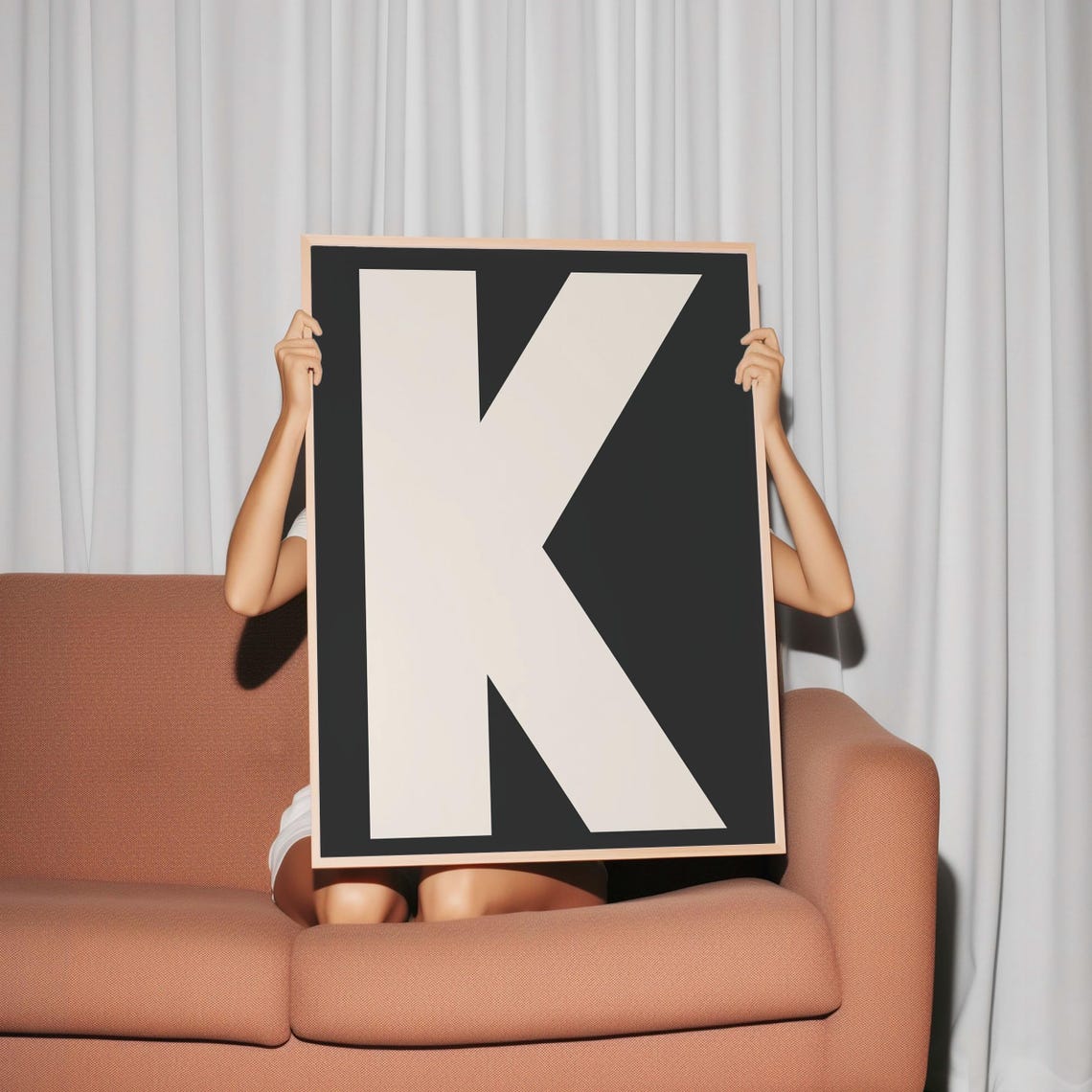 Letter K Bold Monogram Cream on Black Minimalist Initial Poster