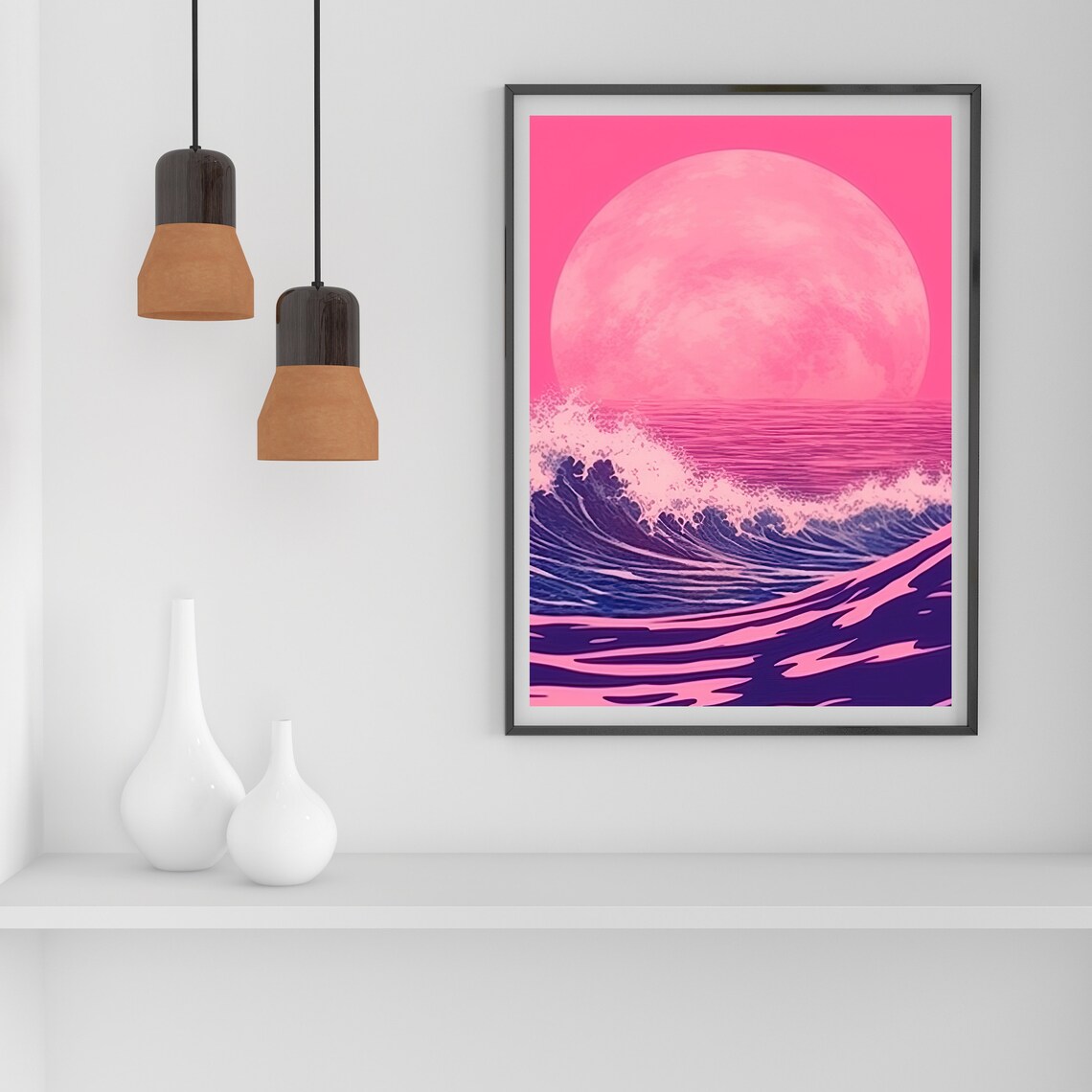 Pink Sunset Ocean Giant Sun Purple Waves Retro Digital Art Poster - Image 3