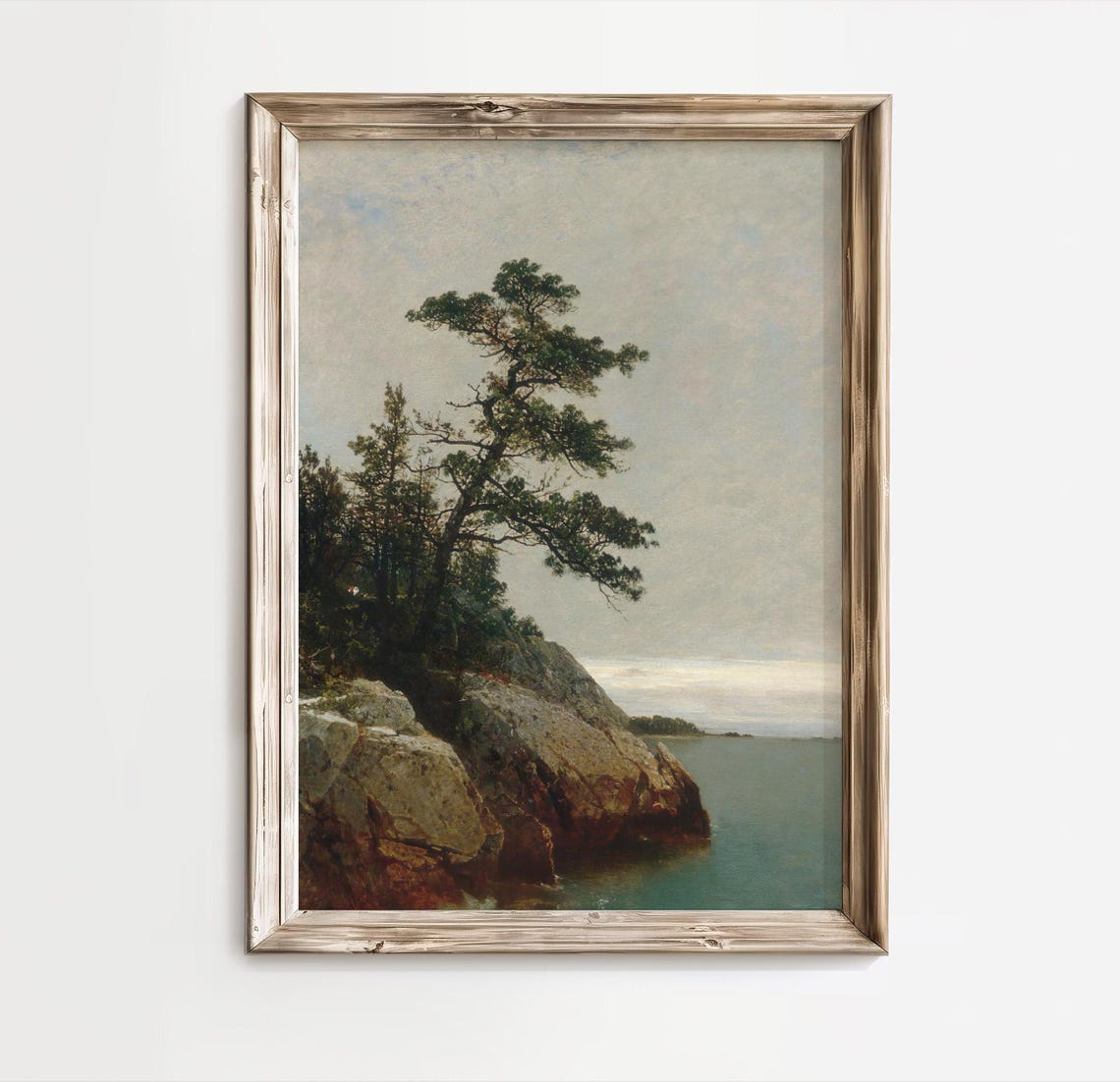 Lone Pine Tree on Rocky Coast Vintage Oil Painting Coastal Poster - Image 2