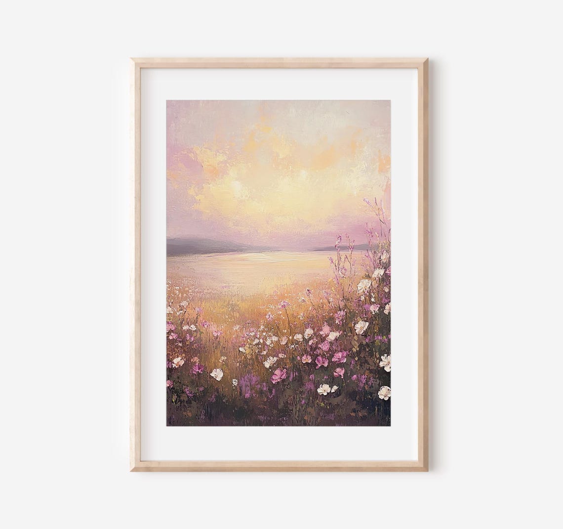 Wildflower Field Landscape Pink Flowers Pink Vintage Oil Painting Country Field Landscape Farmhouse Decor Meadow - Image 4