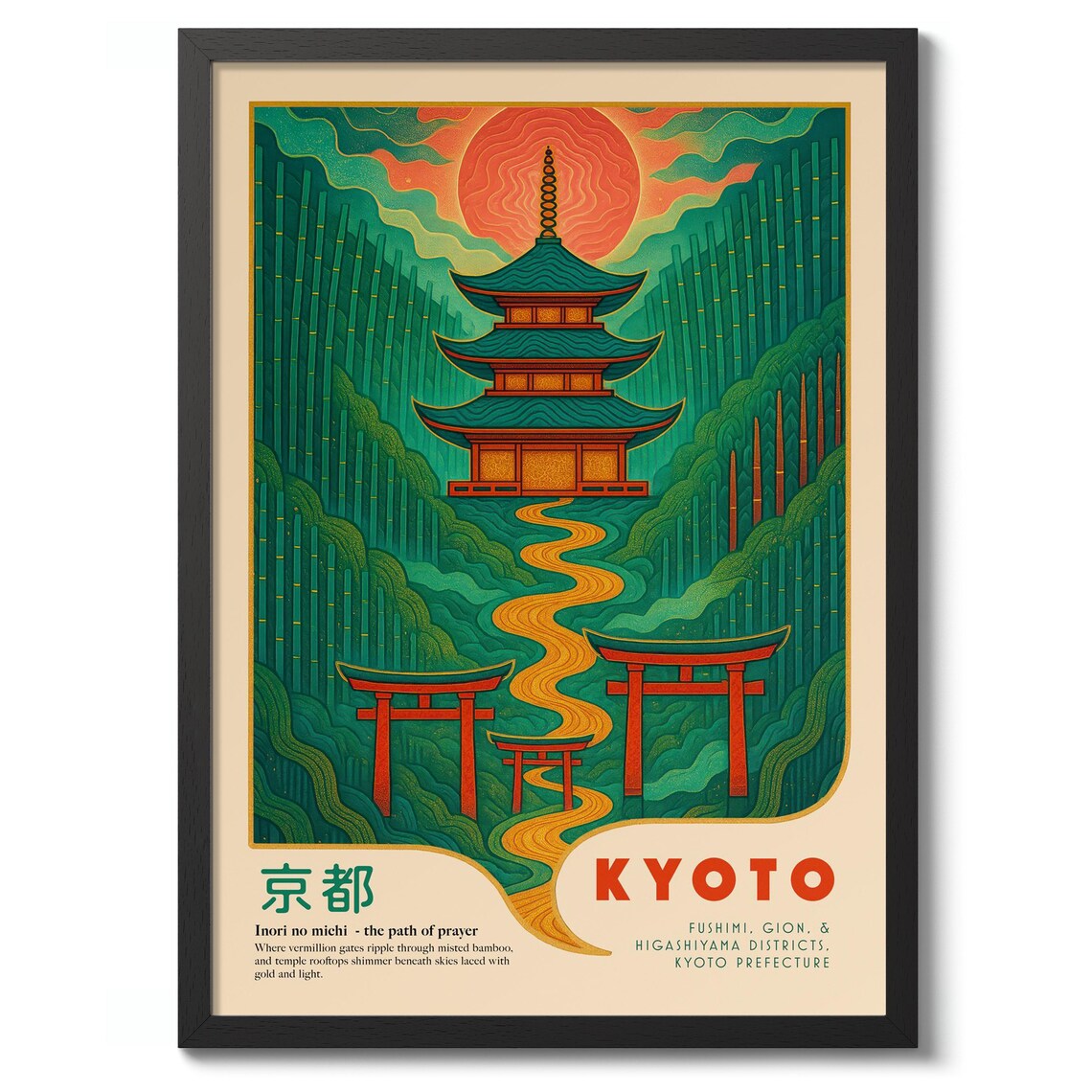 Kyoto Japan Bamboo Forest Pagoda Vermilion Torii Gates Travel Poster