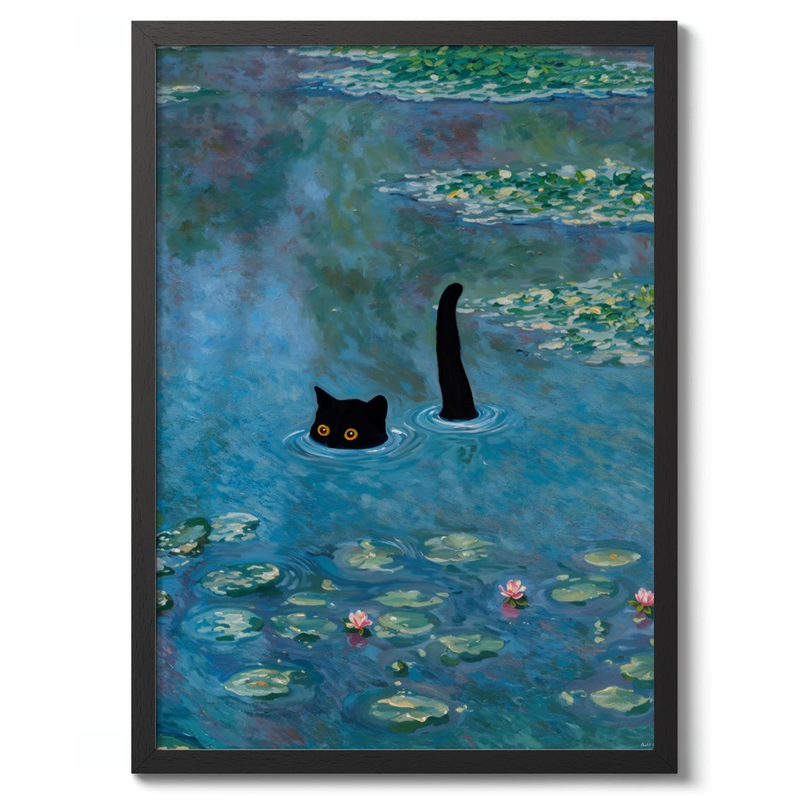 Black Cat Swimming Water Lilies Poster Funny Impressionist Painting