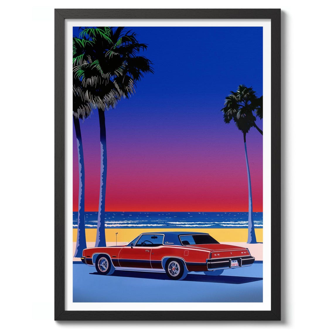 Classic Red Muscle Car Beach Sunset Retro City Pop Art Poster