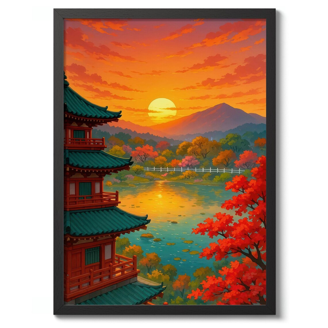 Kyoto Pagoda Sunset Golden Autumn Lake Anime Style Art Poster