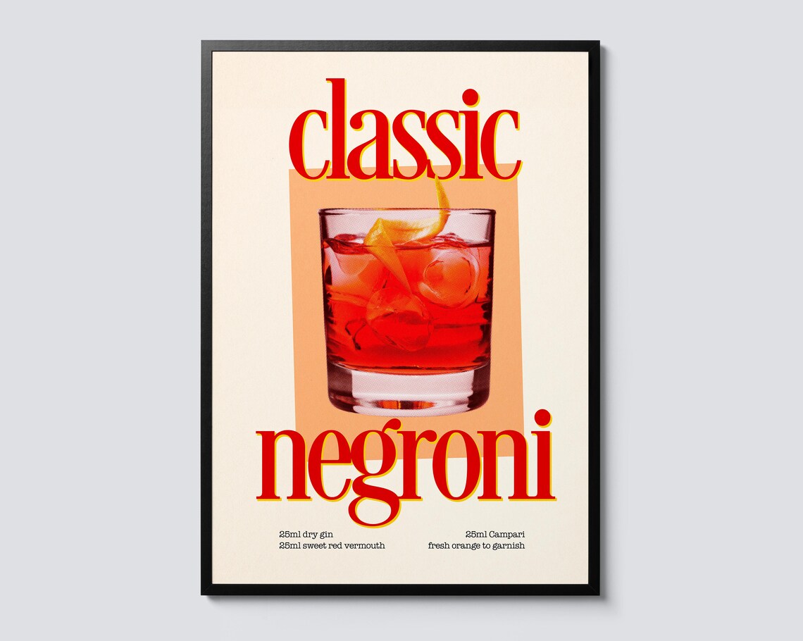 Negroni Cocktail Retro Photo Art Print, Home Bar Decor
