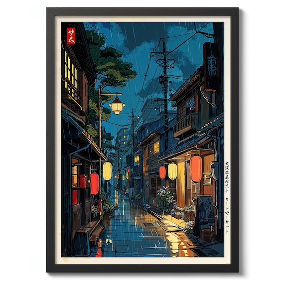 Moody Japanese Kyoto Rainy Night Anime Lantern Street Scene Poster