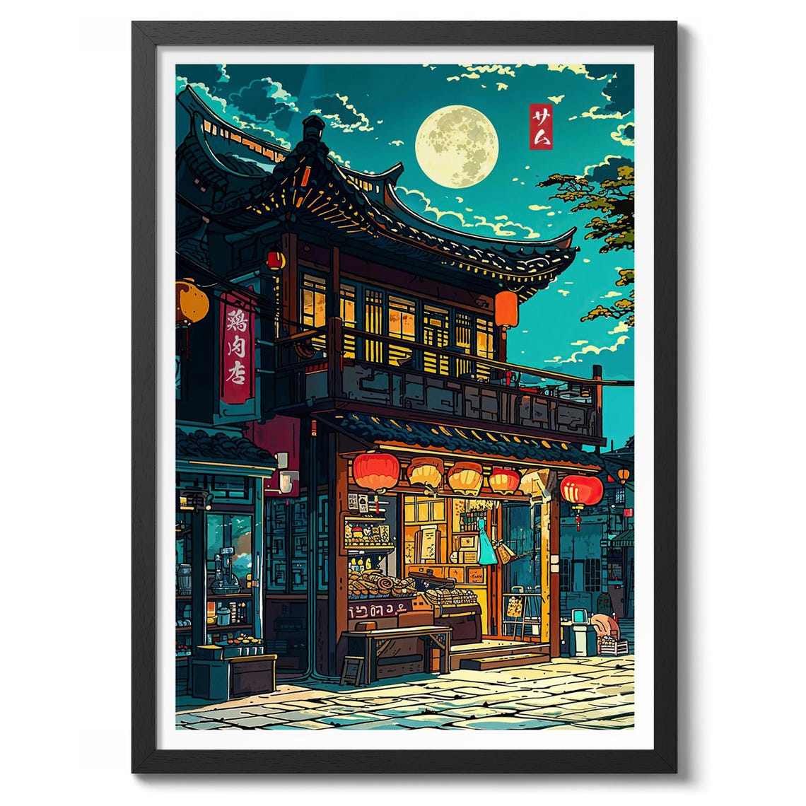 Japanese Anime Grocery Shop Moonlit Night Lantern Street Poster