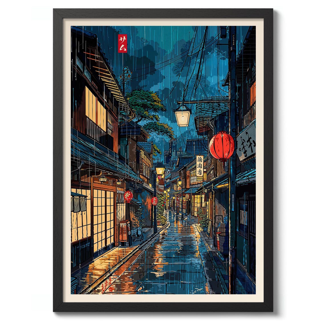 Rainy Japanese Night Street Anime Illustration Lantern Glow Poster