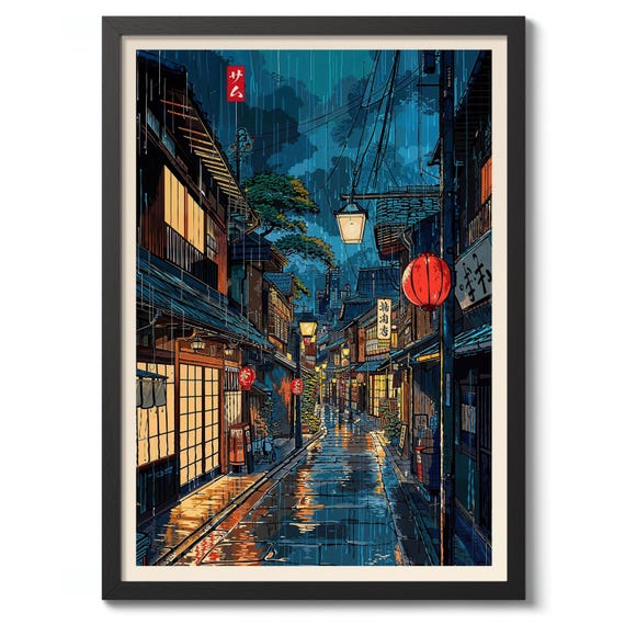 Sapporo Tea House Print Japanese Night Street Poster Anime Illustration Wall Art Decor Rainy Scene Gift
