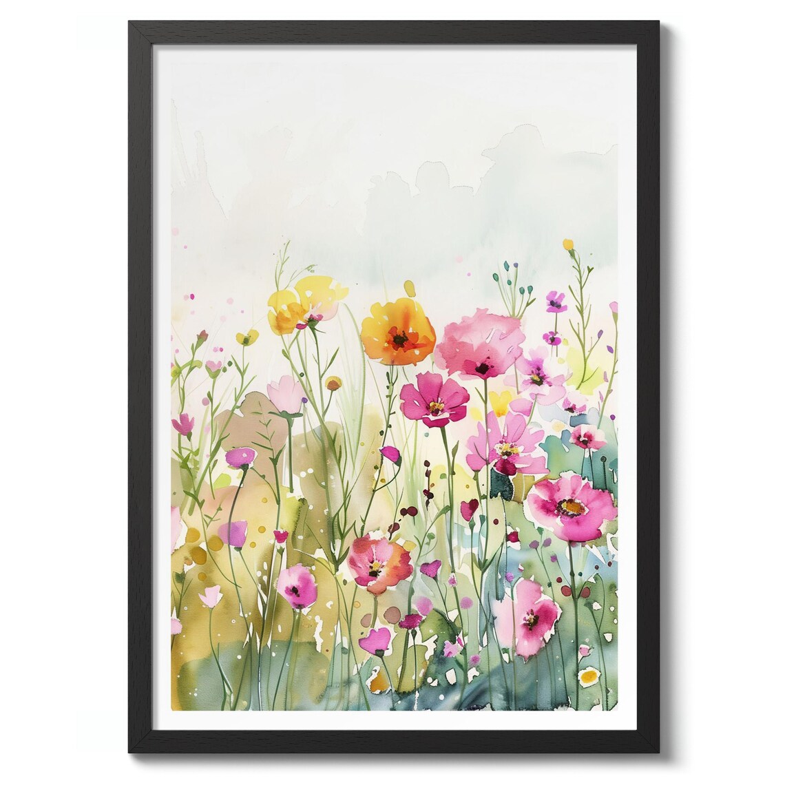 Wildflower Meadow Watercolor Pink Yellow Floral Botanical Wall Art