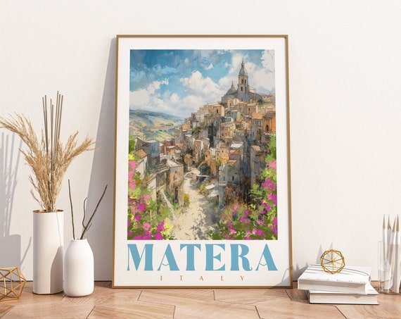 Matera Italy Travel Poster, Italian Landscape Home Decor