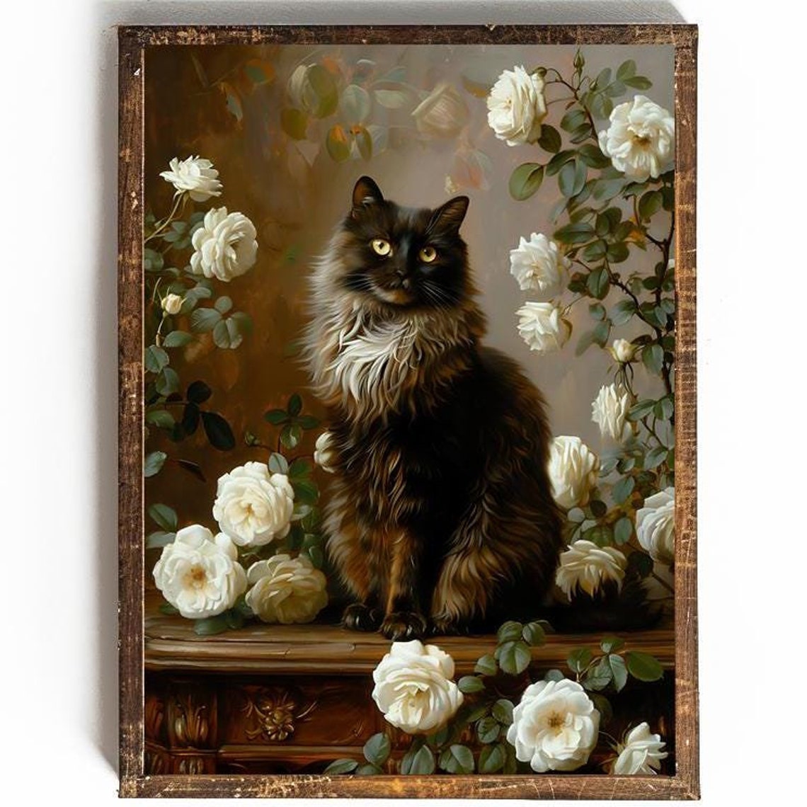 Long-Haired Black Cat Resting Among White Roses Vintage Art Poster - Image 3